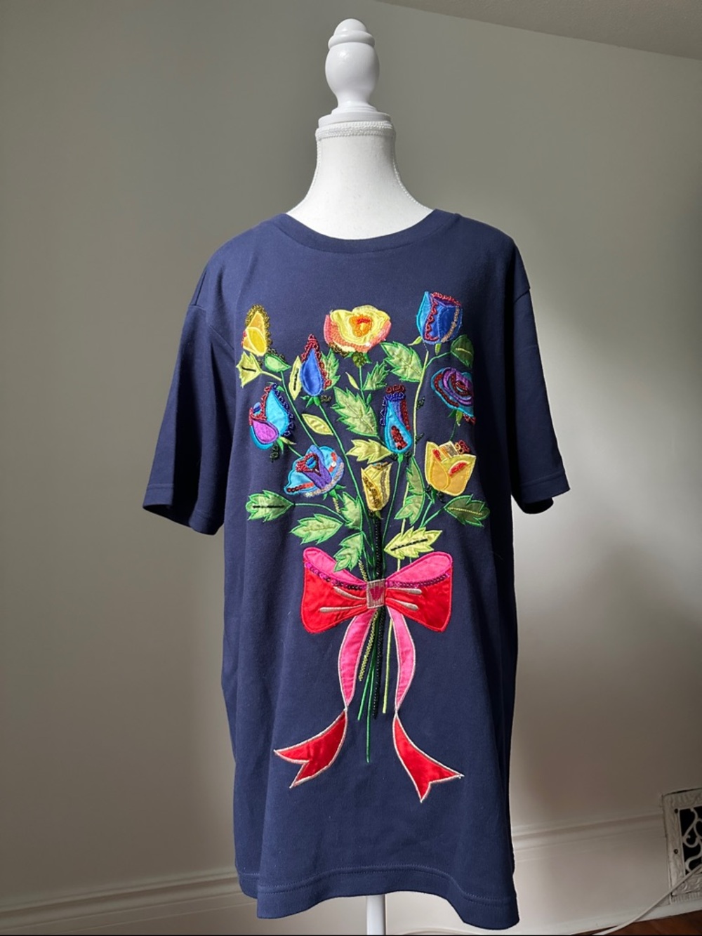 FRANCO VALERI Vintage Cotton Beaded Embroided Floral Bouquet Short Sleeve Medium